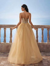 Luxury Gold Cinched Waist Mesh Maxi Ball Gown Bridesmaids Dress For Women